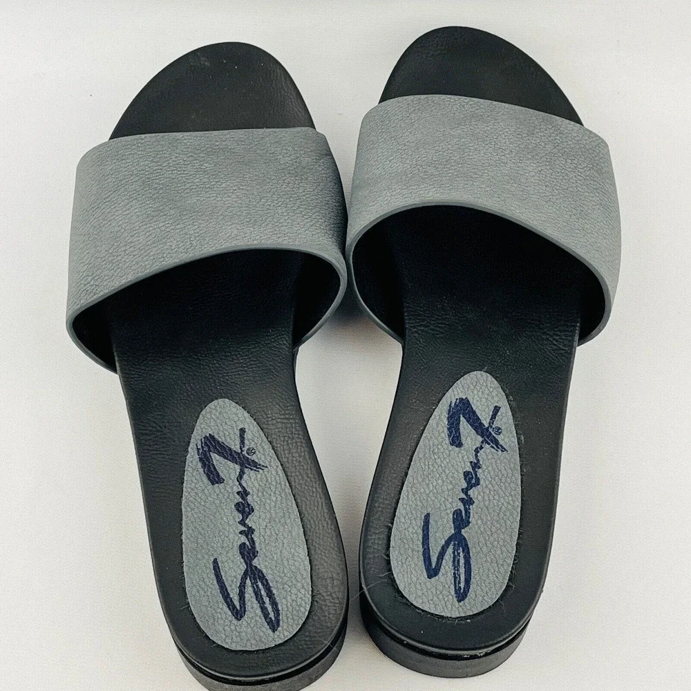Womens 10 Seven7 Pearl Slide Gray Faux‎ Leather Slip On Sandals